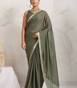 Olive plain georgette designer saree with blouse piece