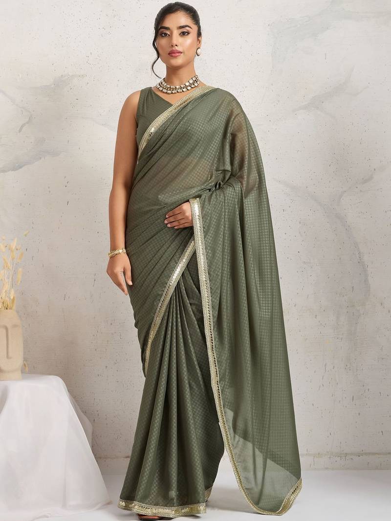 Olive plain georgette designer saree with blouse piece