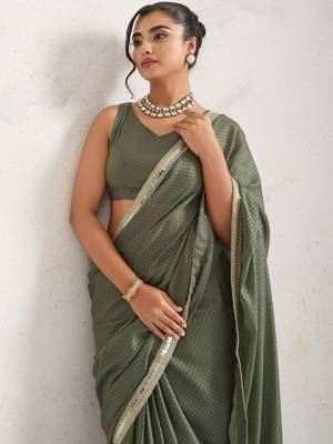 Olive plain georgette designer saree with blouse piece 2