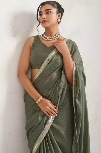 Olive plain georgette designer saree with blouse piece