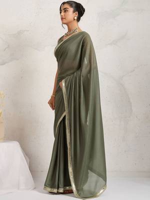 Olive plain georgette designer saree with blouse piece 3