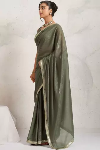 Olive plain georgette designer saree with blouse piece