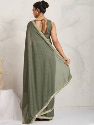 Olive plain georgette designer saree with blouse piece 4