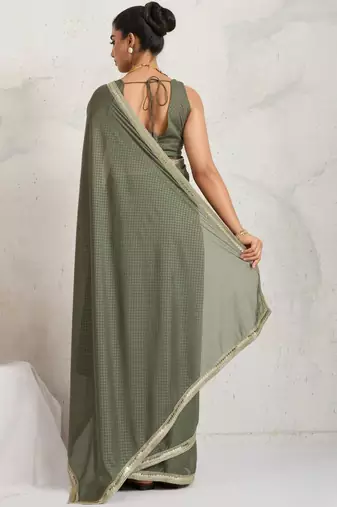 Olive plain georgette designer saree with blouse piece