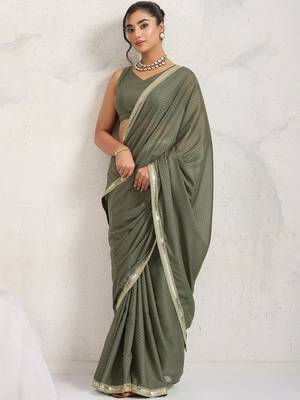 Olive plain georgette designer saree with blouse piece 5