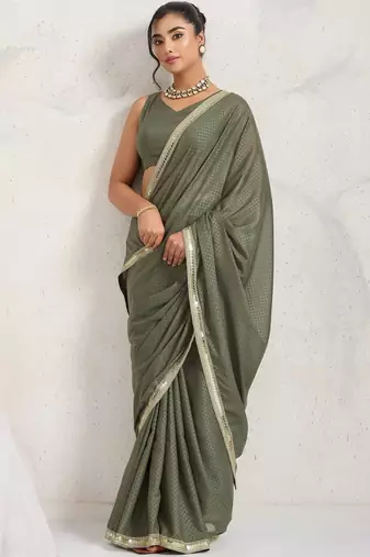 Olive plain georgette designer saree with blouse piece