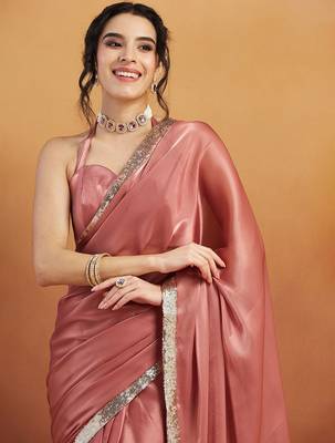 Pink plain satin designer saree with blouse piece 1