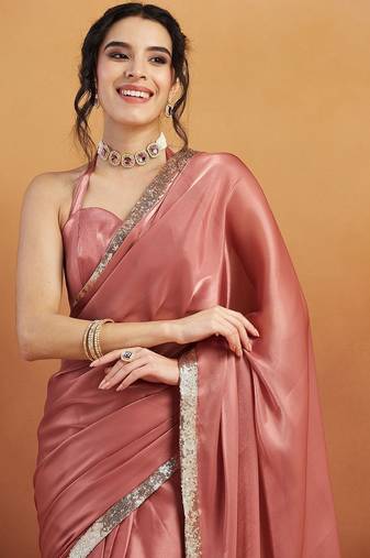 Pink plain satin designer saree with blouse piece