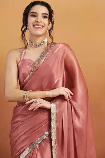 Pink plain satin designer saree with blouse piece