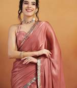 Pink plain satin designer saree with blouse piece
