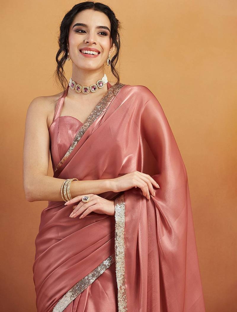 Pink plain satin designer saree with blouse piece