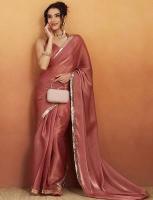 Pink plain satin designer saree with blouse piece 2