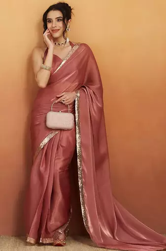 Pink plain satin designer saree with blouse piece