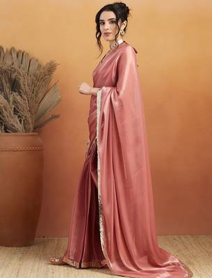 Pink plain satin designer saree with blouse piece 3