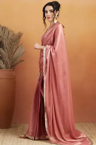 Pink plain satin designer saree with blouse piece