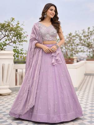 Lavender Scattered Bead Floral Buta Work Fendy Silk Flared Lehenga Choli with Blouse | Fully Stitched 3