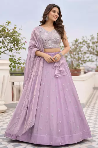 Lavender Scattered Bead Floral Buta Work Fendy Silk Flared Lehenga Choli with Blouse | Fully Stitched