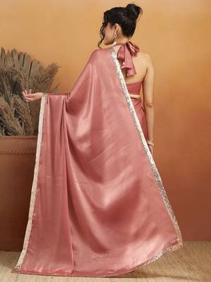 Pink plain satin designer saree with blouse piece 4
