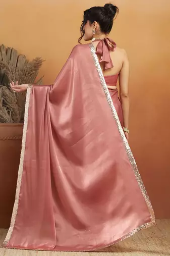 Pink plain satin designer saree with blouse piece