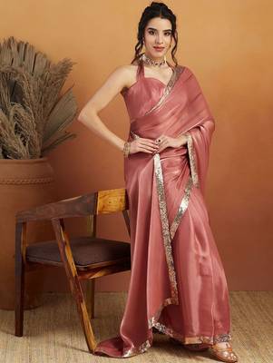 Pink plain satin designer saree with blouse piece 5
