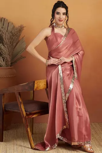 Pink plain satin designer saree with blouse piece