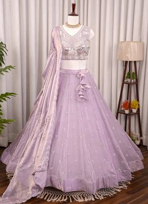 Lavender Scattered Bead Floral Buta Work Fendy Silk Flared Lehenga Choli with Blouse | Fully Stitched 4