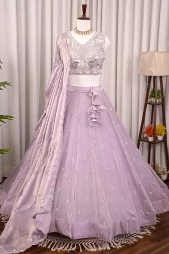 Lavender Scattered Bead Floral Buta Work Fendy Silk Flared Lehenga Choli with Blouse | Fully Stitched