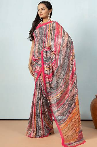 Pink elegant printed georgette saree with blouse piece