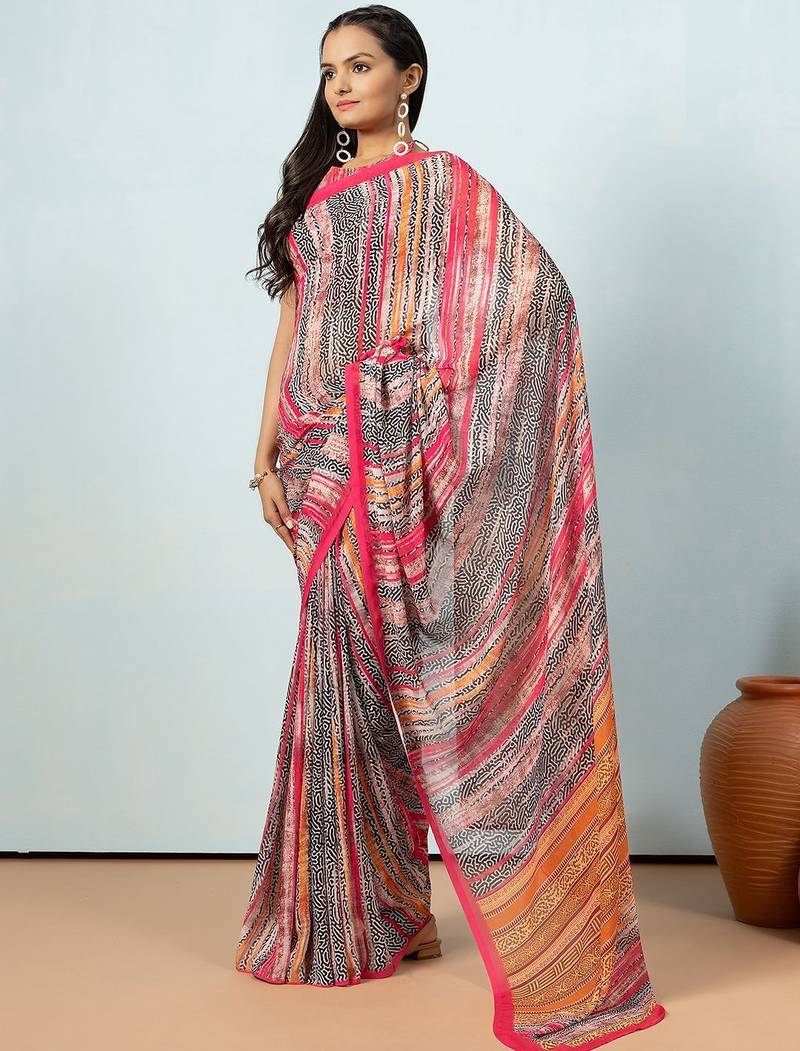 Pink elegant printed georgette saree with blouse piece