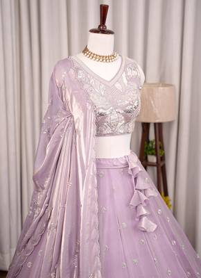 Lavender Scattered Bead Floral Buta Work Fendy Silk Flared Lehenga Choli with Blouse | Fully Stitched 5
