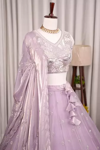Lavender Scattered Bead Floral Buta Work Fendy Silk Flared Lehenga Choli with Blouse | Fully Stitched