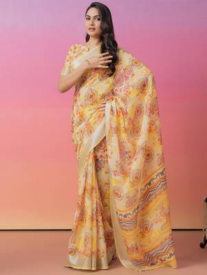Off white printed linen casual saree with blouse piece 1