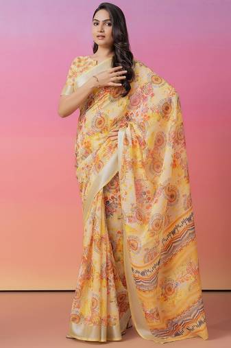 Off white printed linen casual saree with blouse piece