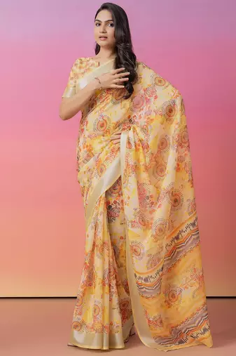 Off white printed linen casual saree with blouse piece