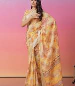 Off white printed linen casual saree with blouse piece