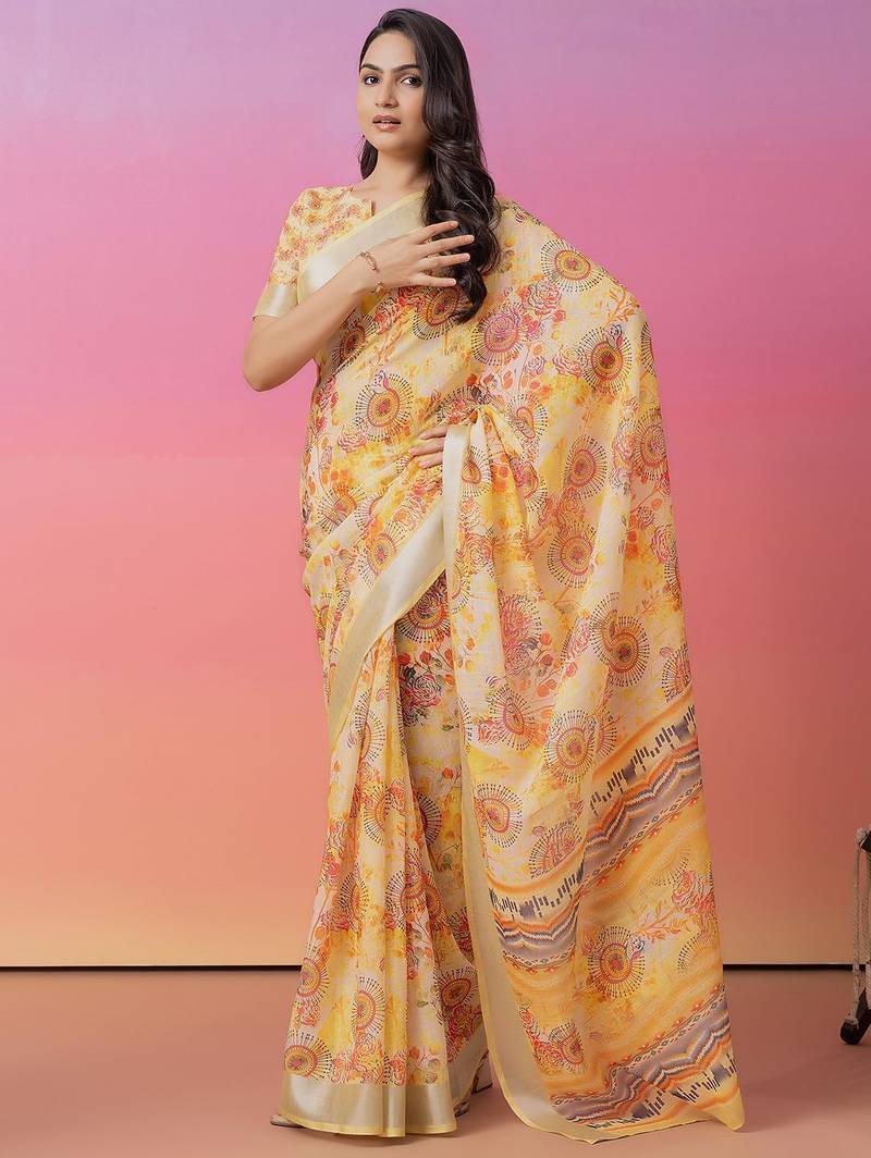 Off white printed linen casual saree with blouse piece