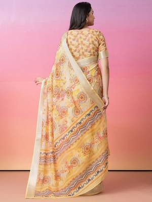 Off white printed linen casual saree with blouse piece 2