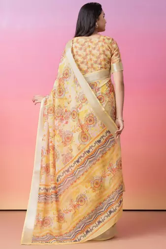 Off white printed linen casual saree with blouse piece
