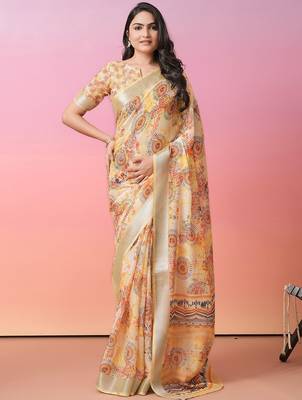 Off white printed linen casual saree with blouse piece 3