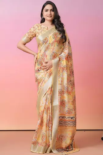 Off white printed linen casual saree with blouse piece