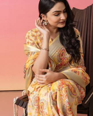 Off white printed linen casual saree with blouse piece 4