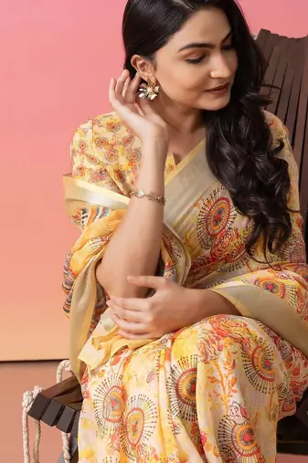 Off white printed linen casual saree with blouse piece