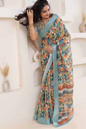 Green printed linen casual saree with blouse piece