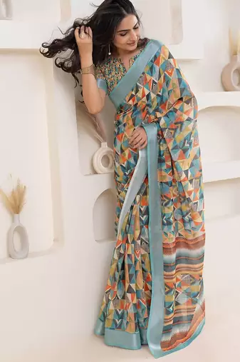 Green printed linen casual saree with blouse piece