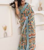 Green printed linen casual saree with blouse piece