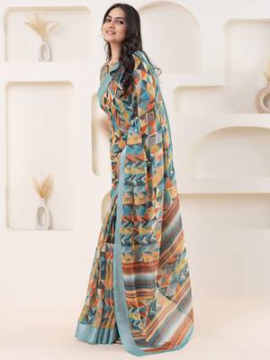 Green printed linen casual saree with blouse piece 2