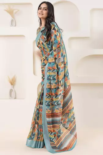 Green printed linen casual saree with blouse piece