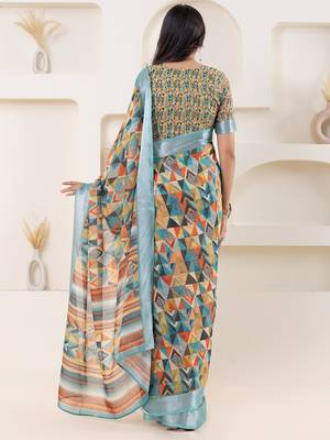 Green printed linen casual saree with blouse piece 3