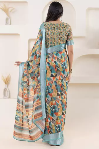 Green printed linen casual saree with blouse piece