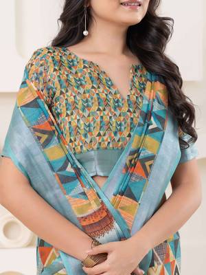 Green printed linen casual saree with blouse piece 4